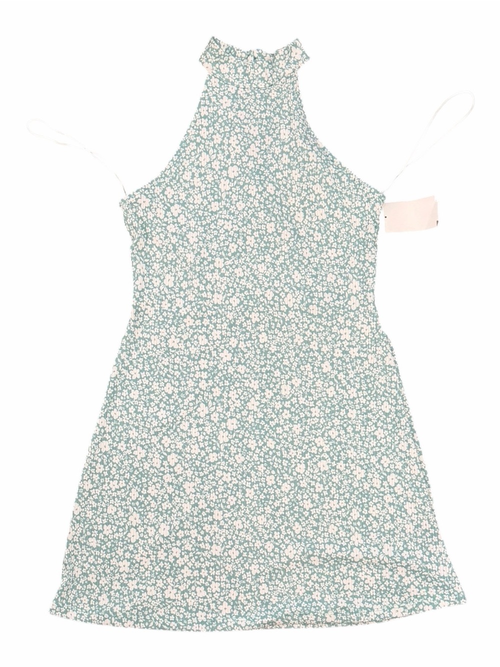 Good Luck Girl Floral Halter Mini Dress in Sage Green and White L